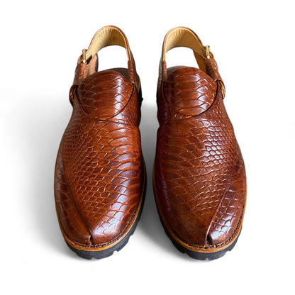 Brown Embosed Leather Peshawri Chappal