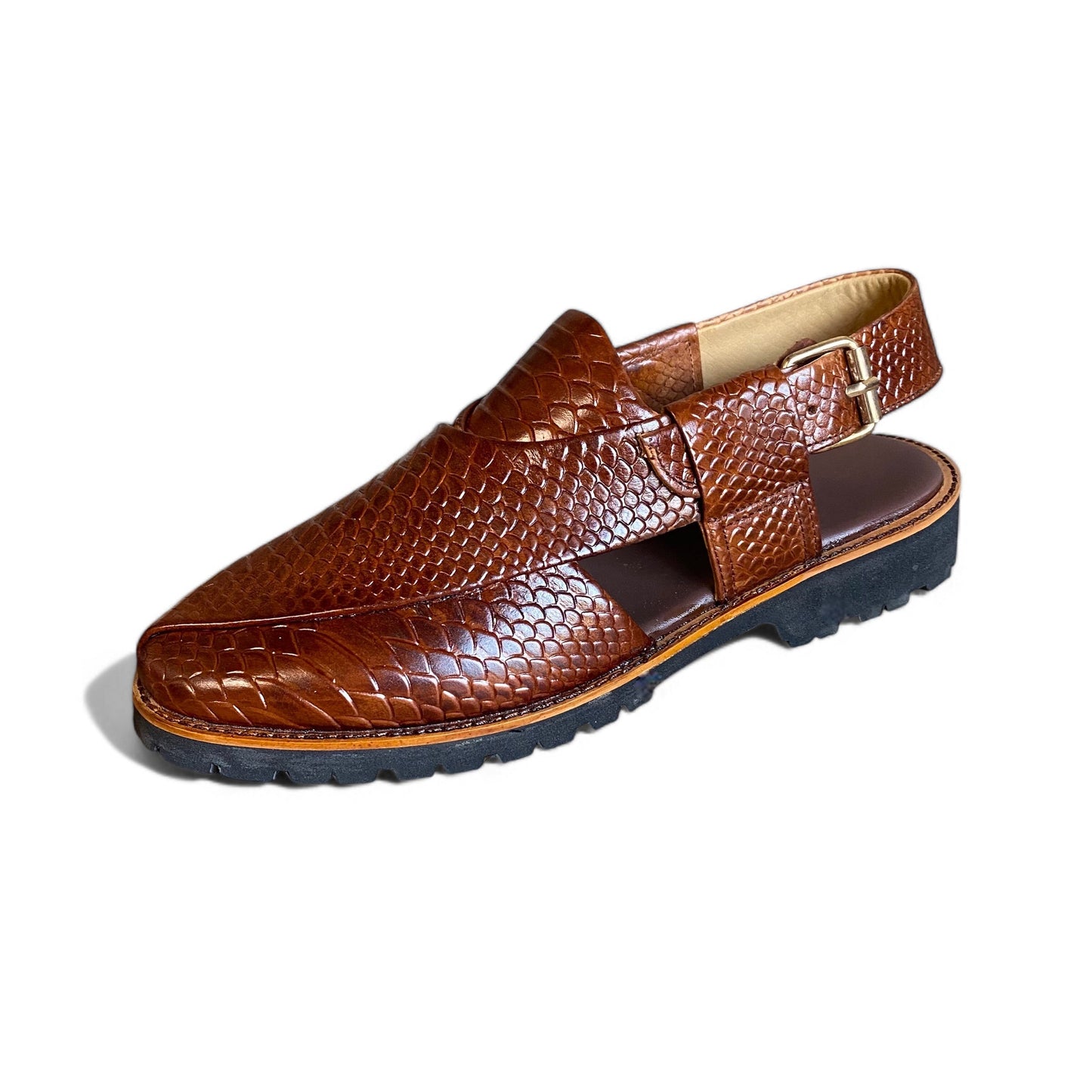 Brown Embosed Leather Peshawri Chappal