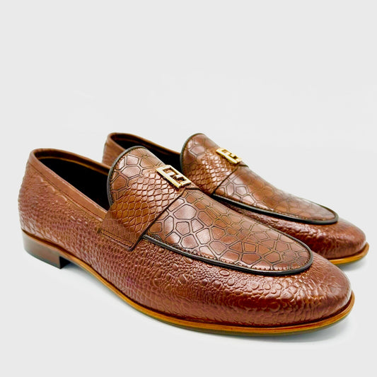 Brown Embossed Leather Loafers