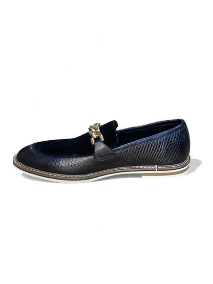 Black Textured Leather Loafers