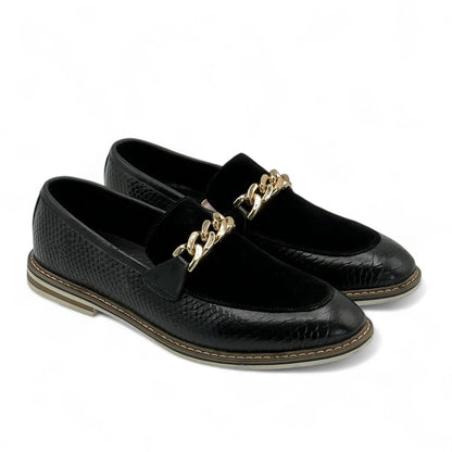 Black Textured Leather Loafers