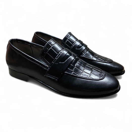 Black Embossed Pattern Penny Loafers