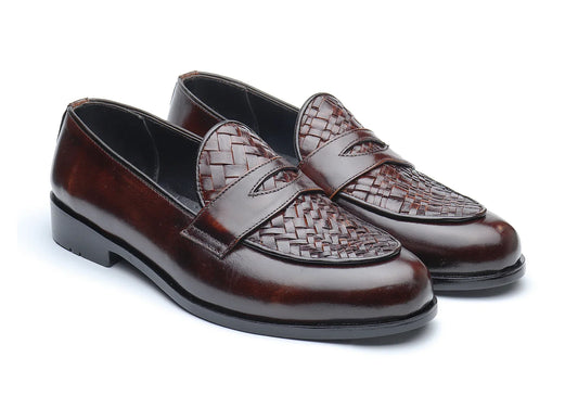 Woven Dark Brown Penny Loafers